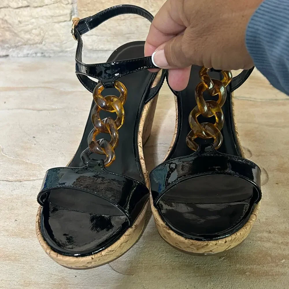 Vaneli Emalee Black Patent Ankle Strap Cork Wedge Peep Toe Sandals Sz 8 - Picture 7 of 11